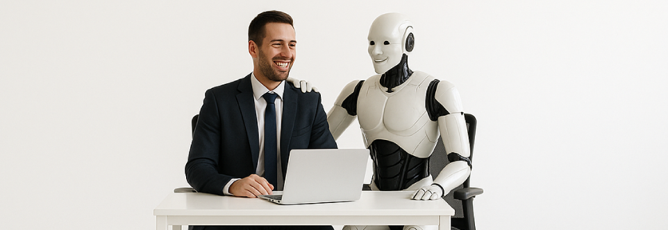 AIVOLUTION εικόνα με άνθροωπο που συνεργάζεται με AI ROBOT AIVOLUTION εικόνα με άνθροωπο που συνεργάζεται με AI ROBOT